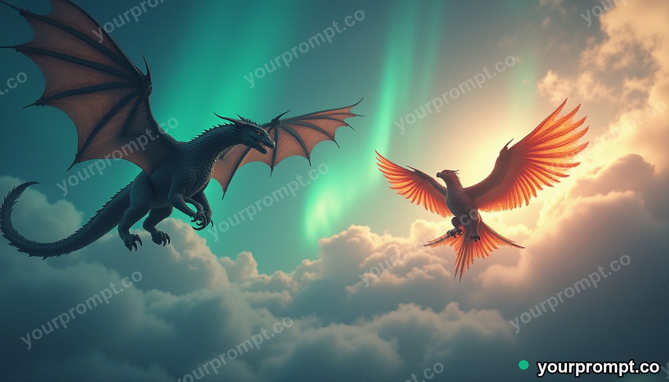A dragon and a phoenix circling in an ancient sky in photorealistic style — AI-generated image from a text prompt