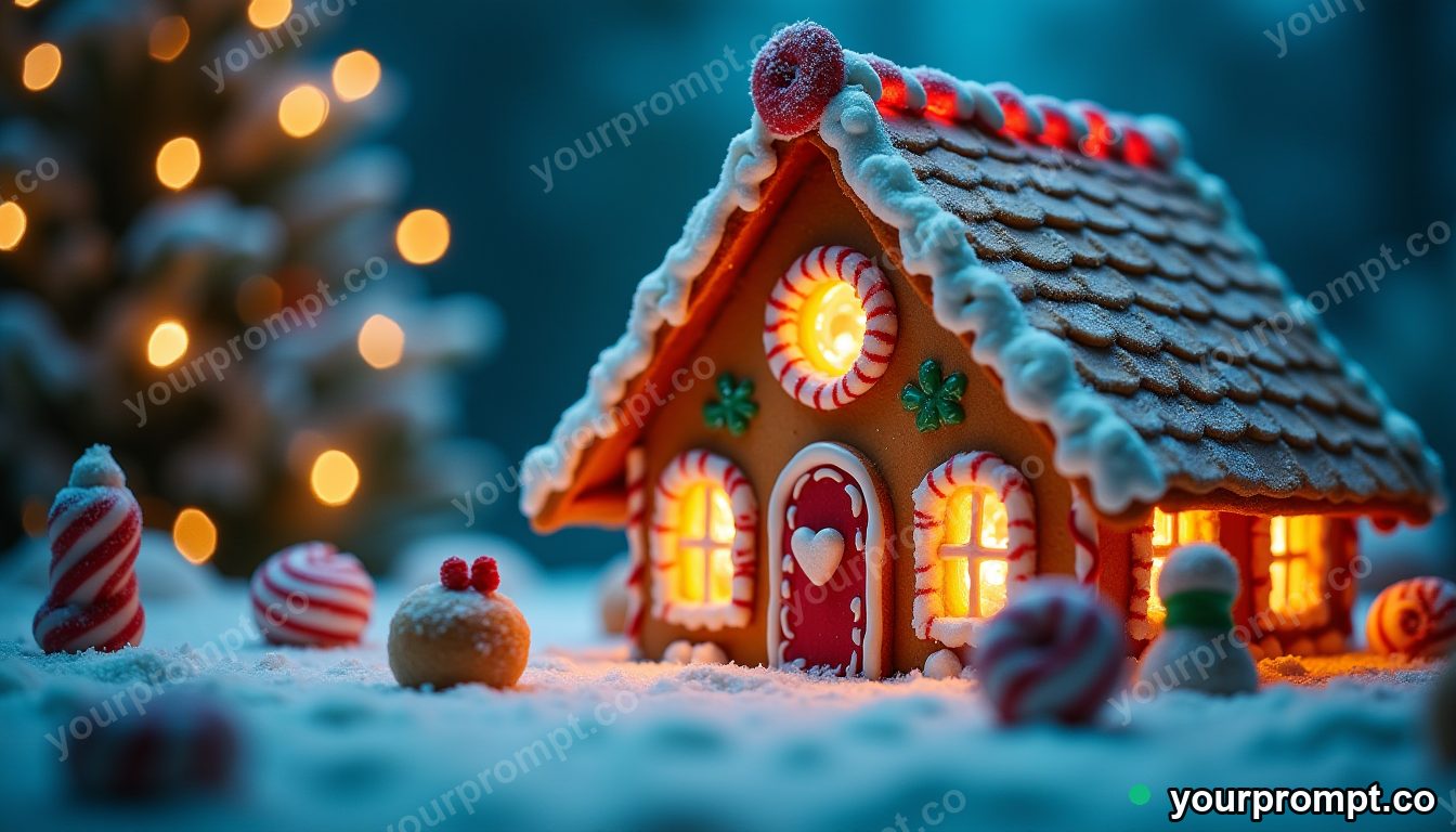A decorated gingerbread house with candy in cinematic film still style — AI-generated image from a text prompt