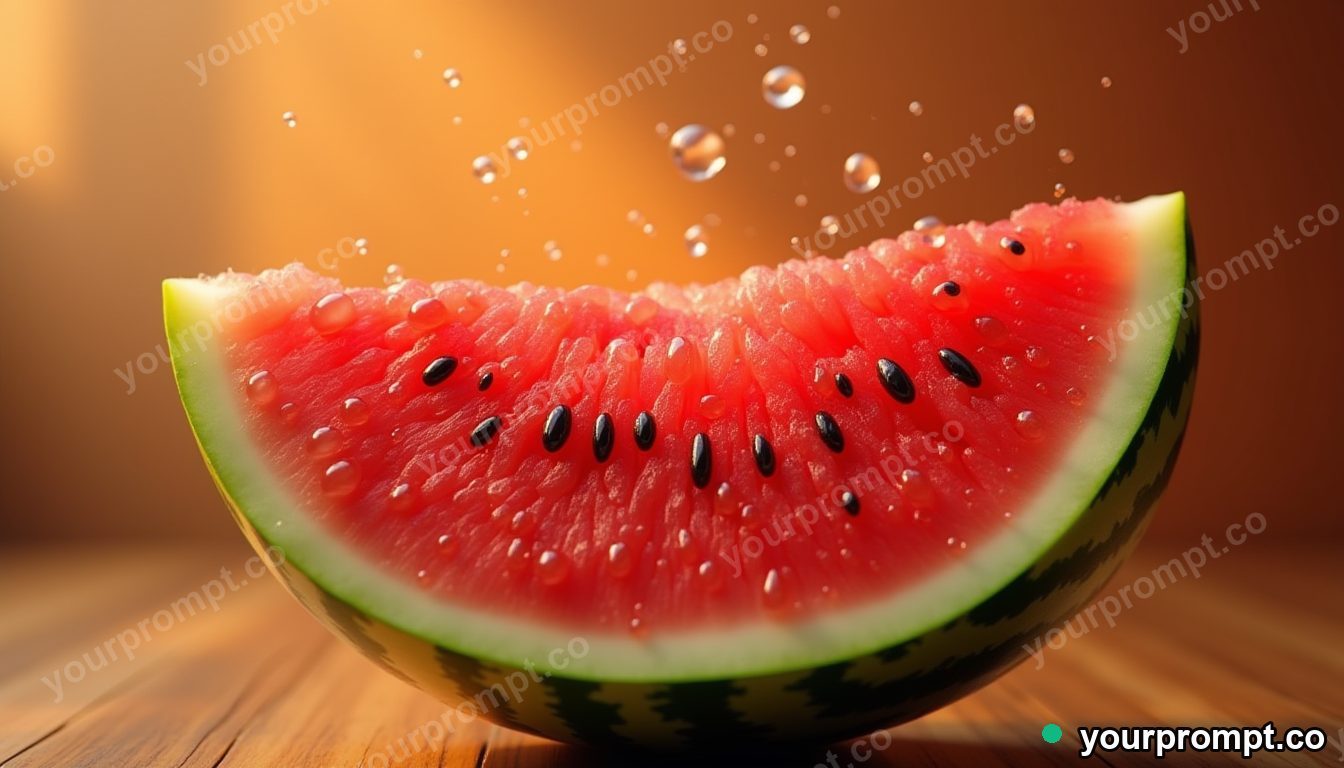 A cross-section of a juicy ripe watermelon, droplets flying in 3D octane render style — AI-generated image from a text prompt