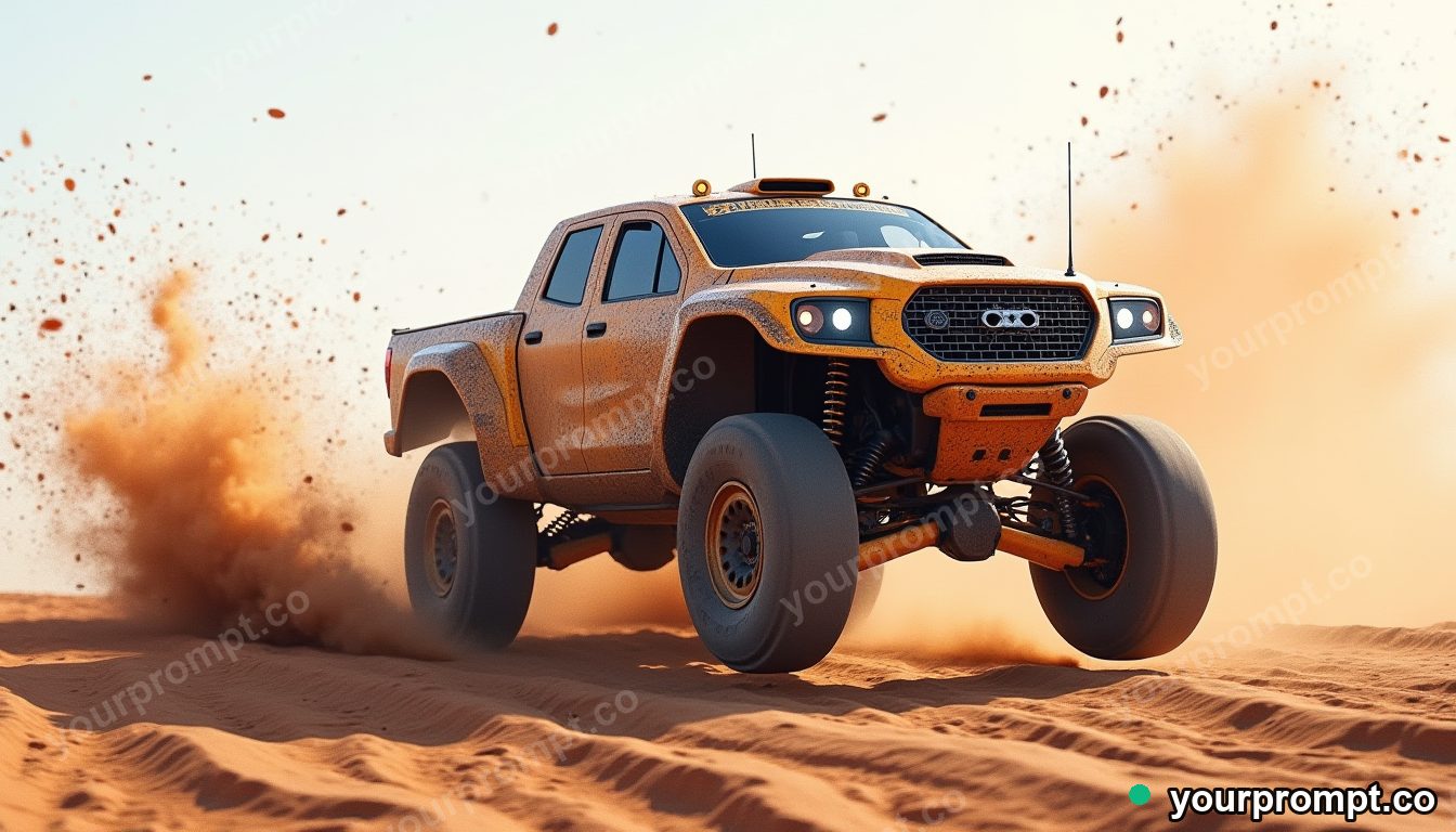 A mud-splattered rally truck mid-jump on a dirt track in soft watercolor painting style — AI-generated image from a text prompt