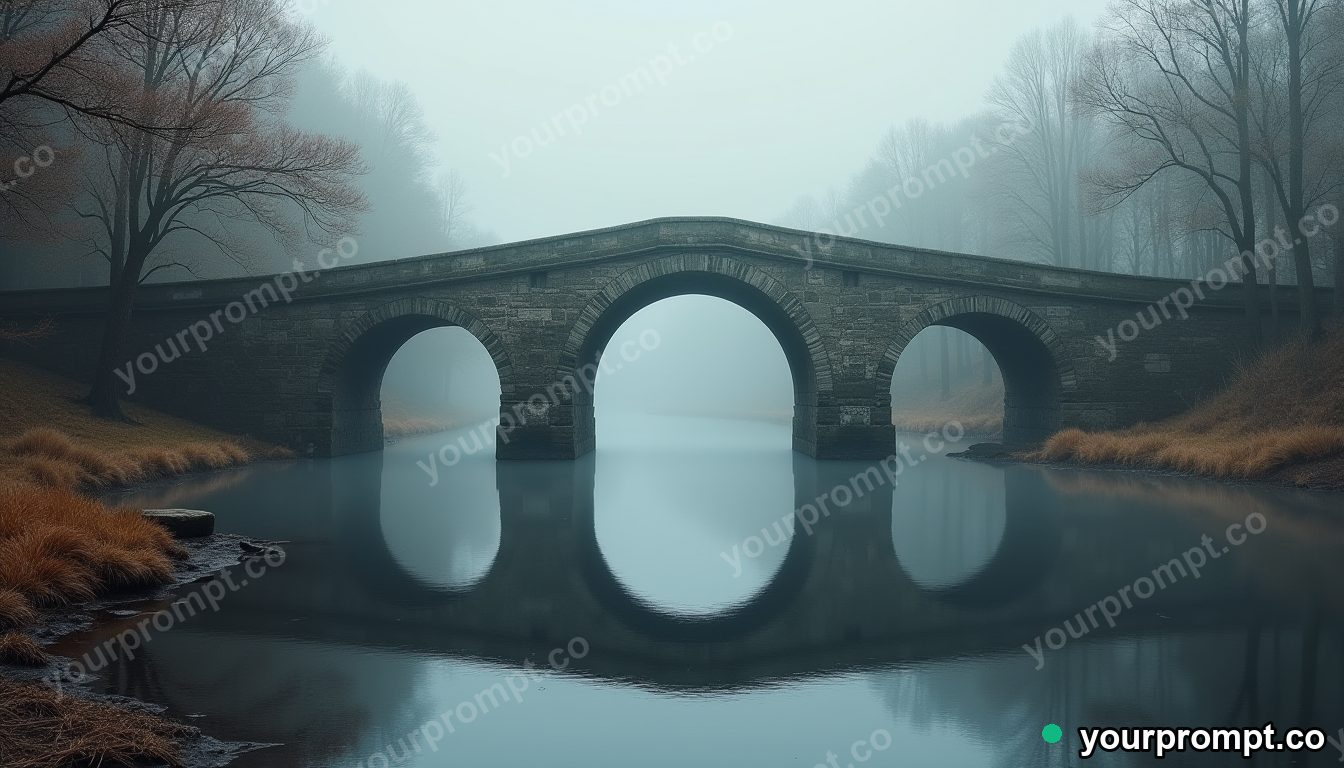 An ancient arched bridge reflected in still water in rich oil painting style — AI-generated image from a text prompt