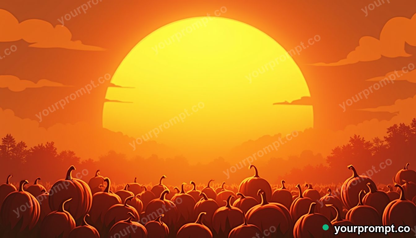 A pumpkin patch under a golden autumn sky in anime illustration style — AI-generated image from a text prompt