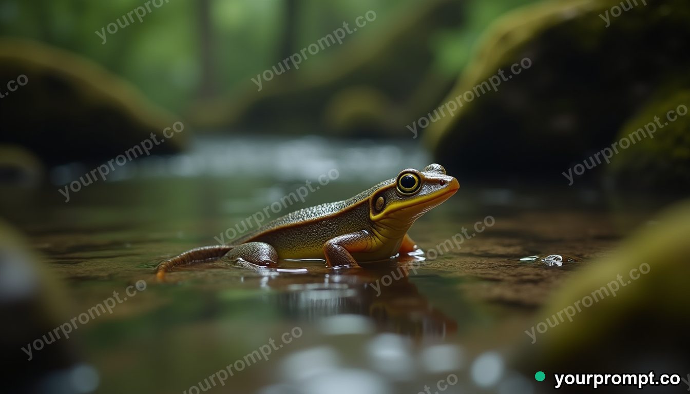A newt swimming in a clear forest stream in studio product photography style — AI-generated image from a text prompt