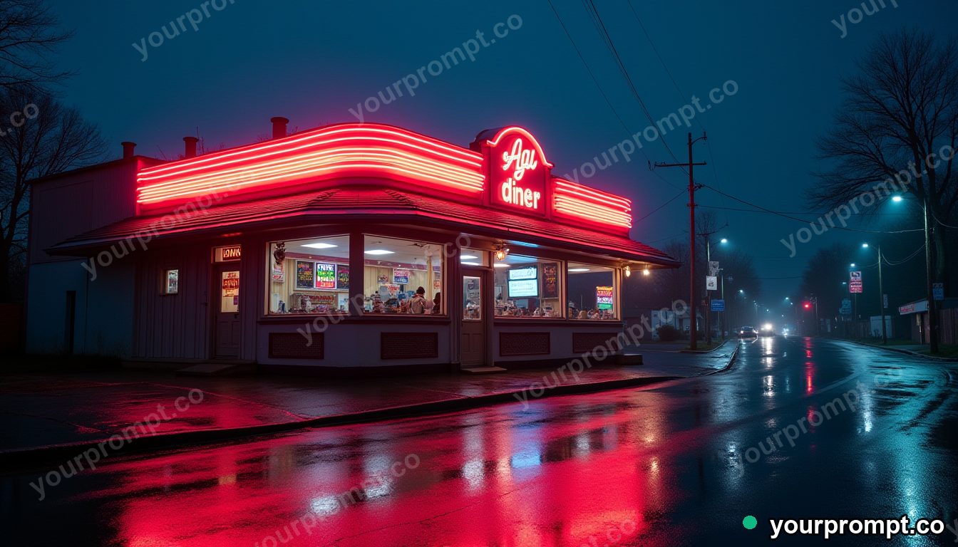 A neon diner glowing on an empty rainy street in extreme macro photography style — AI-generated image from a text prompt