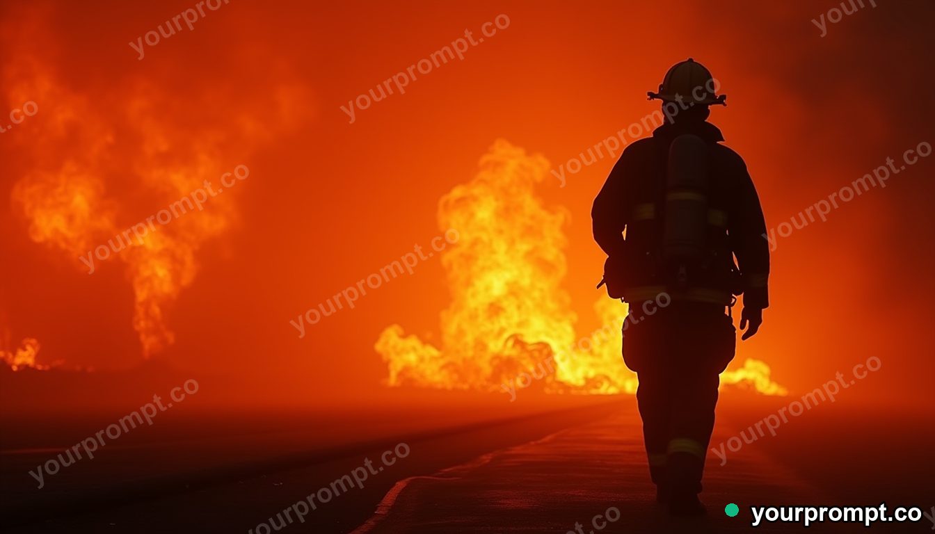 A firefighter silhouetted against orange flames in surreal digital art style — AI-generated image from a text prompt