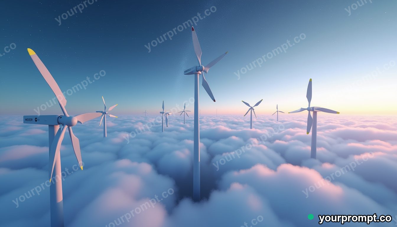 A floating wind-turbine farm above the clouds in low-poly 3D style — AI-generated image from a text prompt