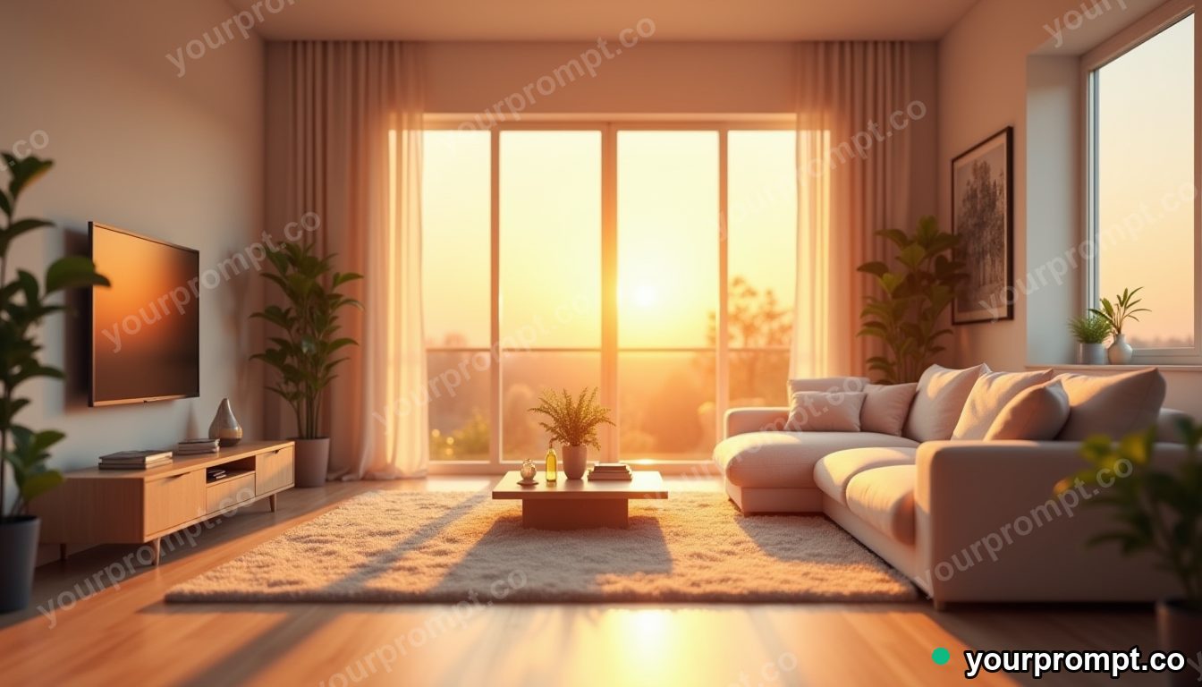 A minimalist Scandinavian living room at golden hour in isometric miniature style — AI-generated image from a text prompt