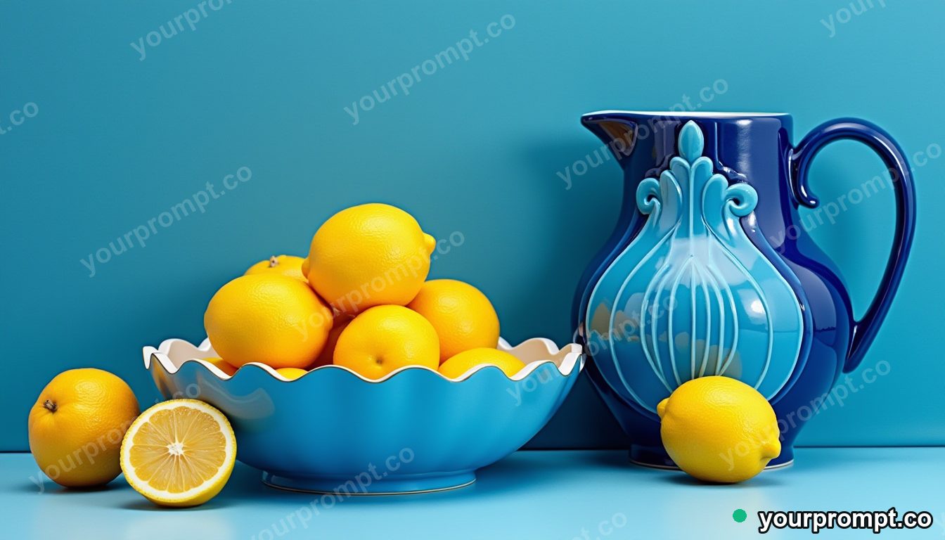 A bowl of lemons beside a blue ceramic jug in layered papercut art style — AI-generated image from a text prompt