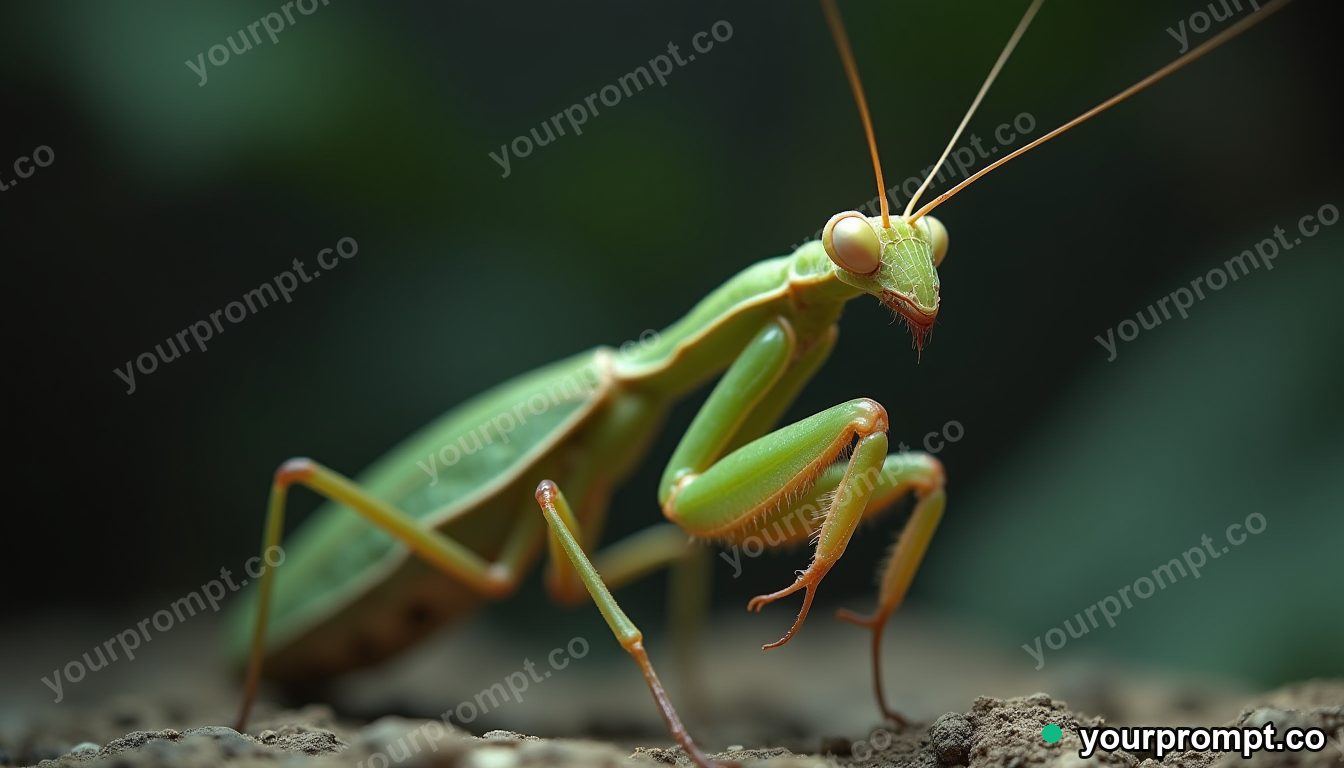 A praying mantis in striking pose, extreme close-up in epic fantasy concept art style — AI-generated image from a text prompt