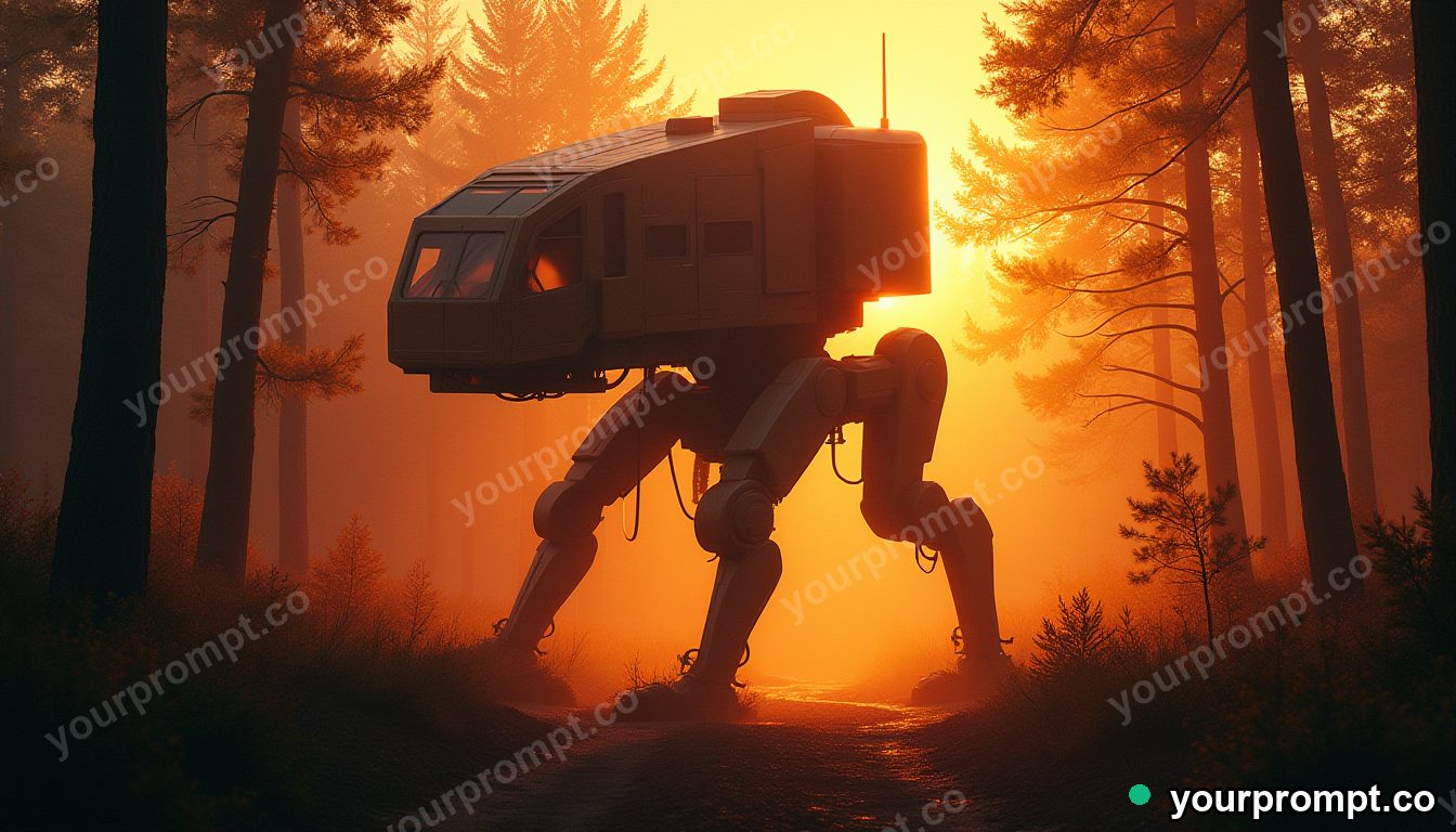 A giant walking mech-house striding through forest in golden-hour photography style — AI-generated image from a text prompt