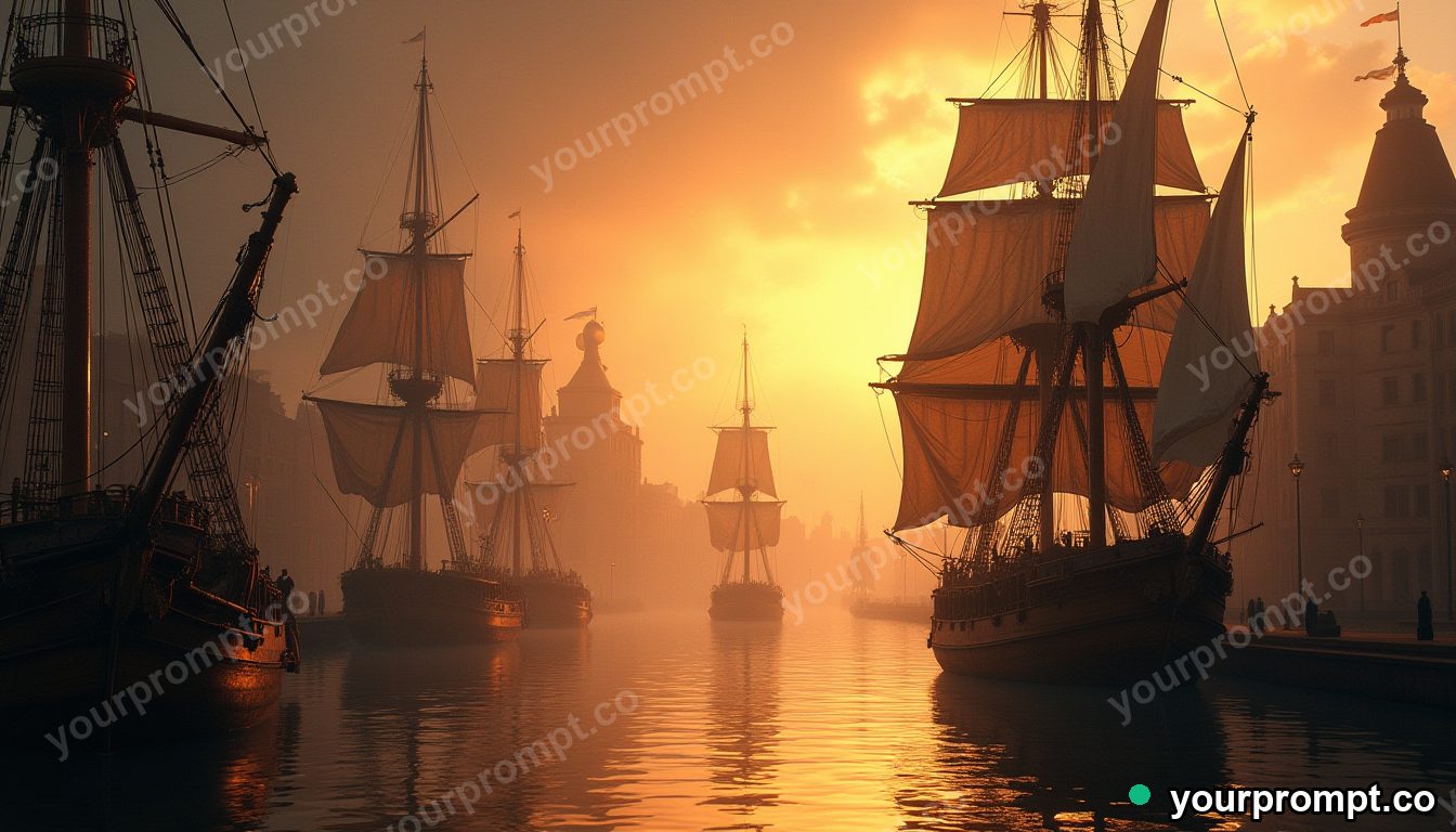 An old sailing harbor crowded with tall ships in dramatic chiaroscuro style — AI-generated image from a text prompt