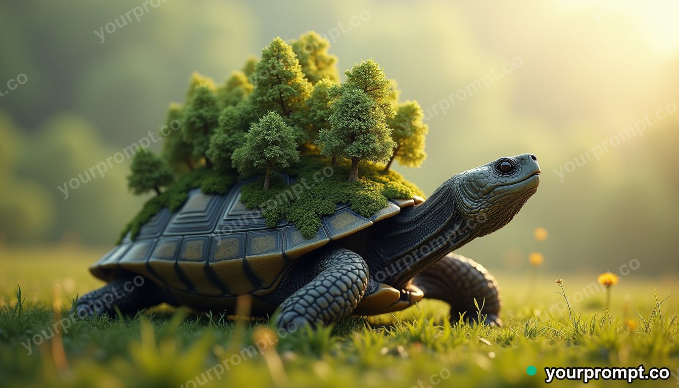 A giant turtle carrying a tiny forest on its shell in hyperrealistic style — AI-generated image from a text prompt