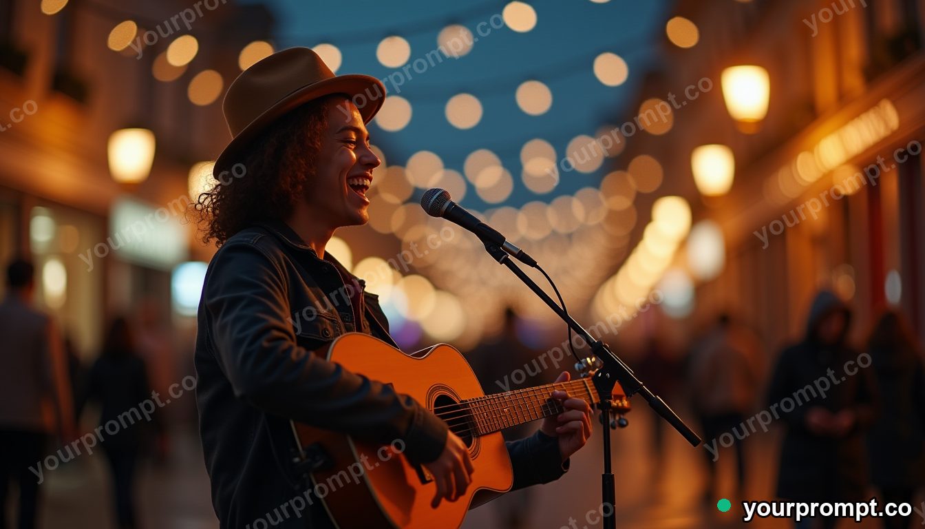 A cheerful street musician playing under fairy lights, fictional in clean minimalist style — AI-generated image from a text prompt