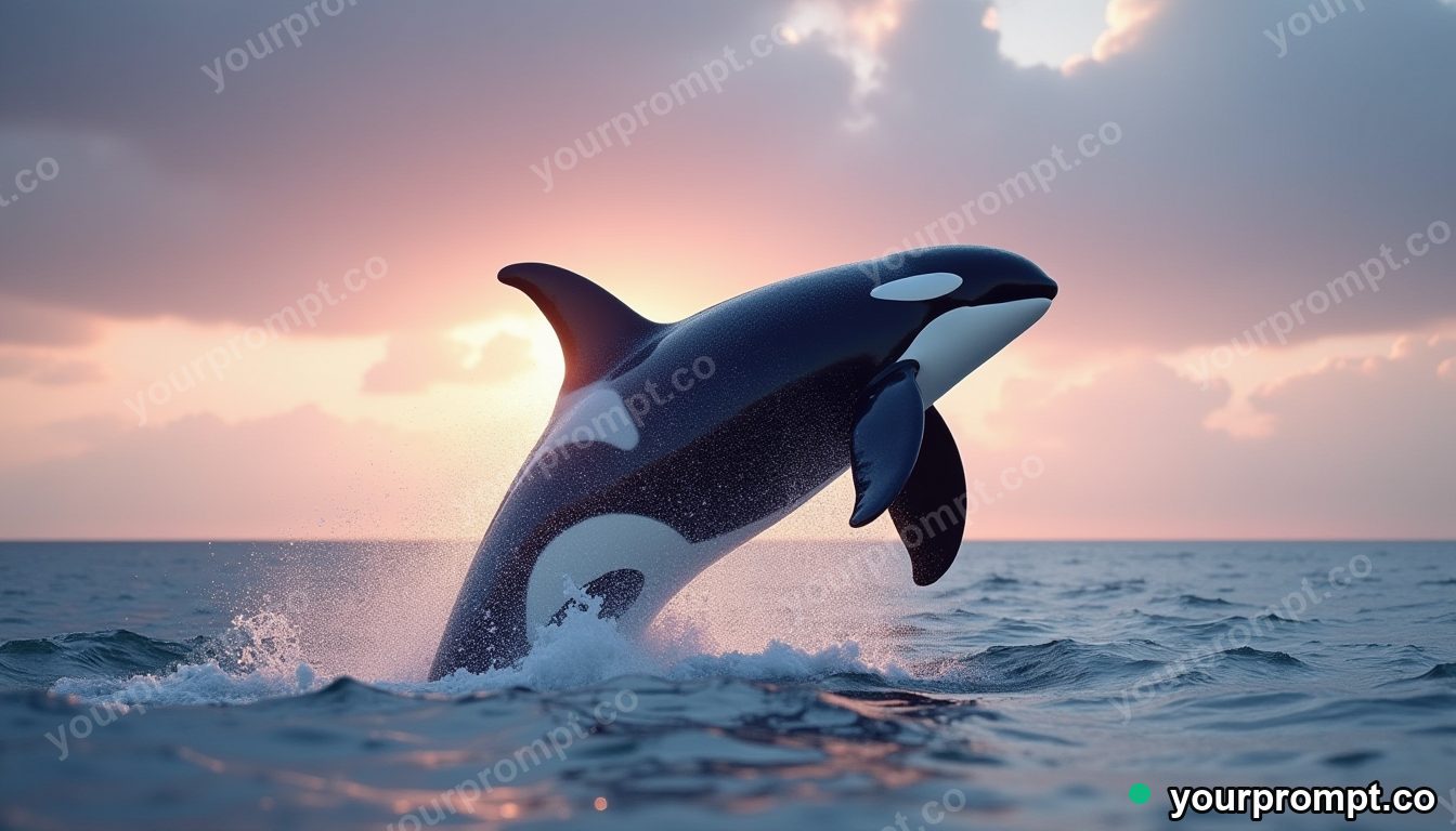 An orca breaching against a dramatic sky in dreamy pastel style — AI-generated image from a text prompt
