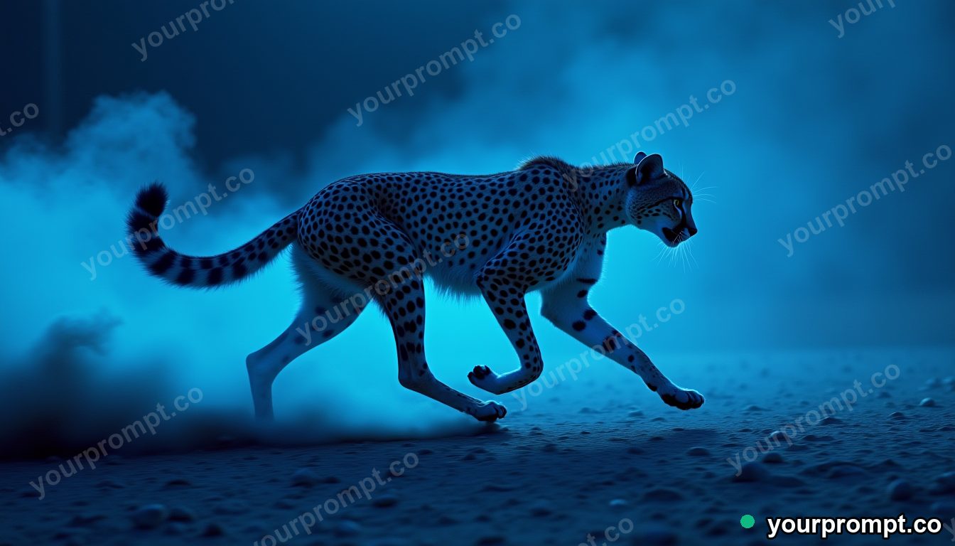 A cheetah mid-sprint kicking up dust in neon cyberpunk style — AI-generated image from a text prompt