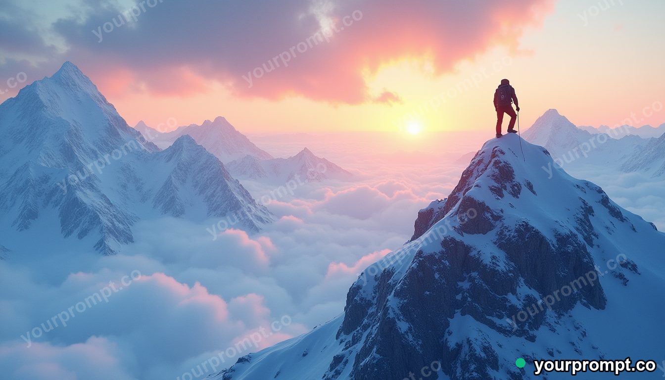 A mountain climber reaching a snowy summit at dawn in warm storybook illustration style — AI-generated image from a text prompt