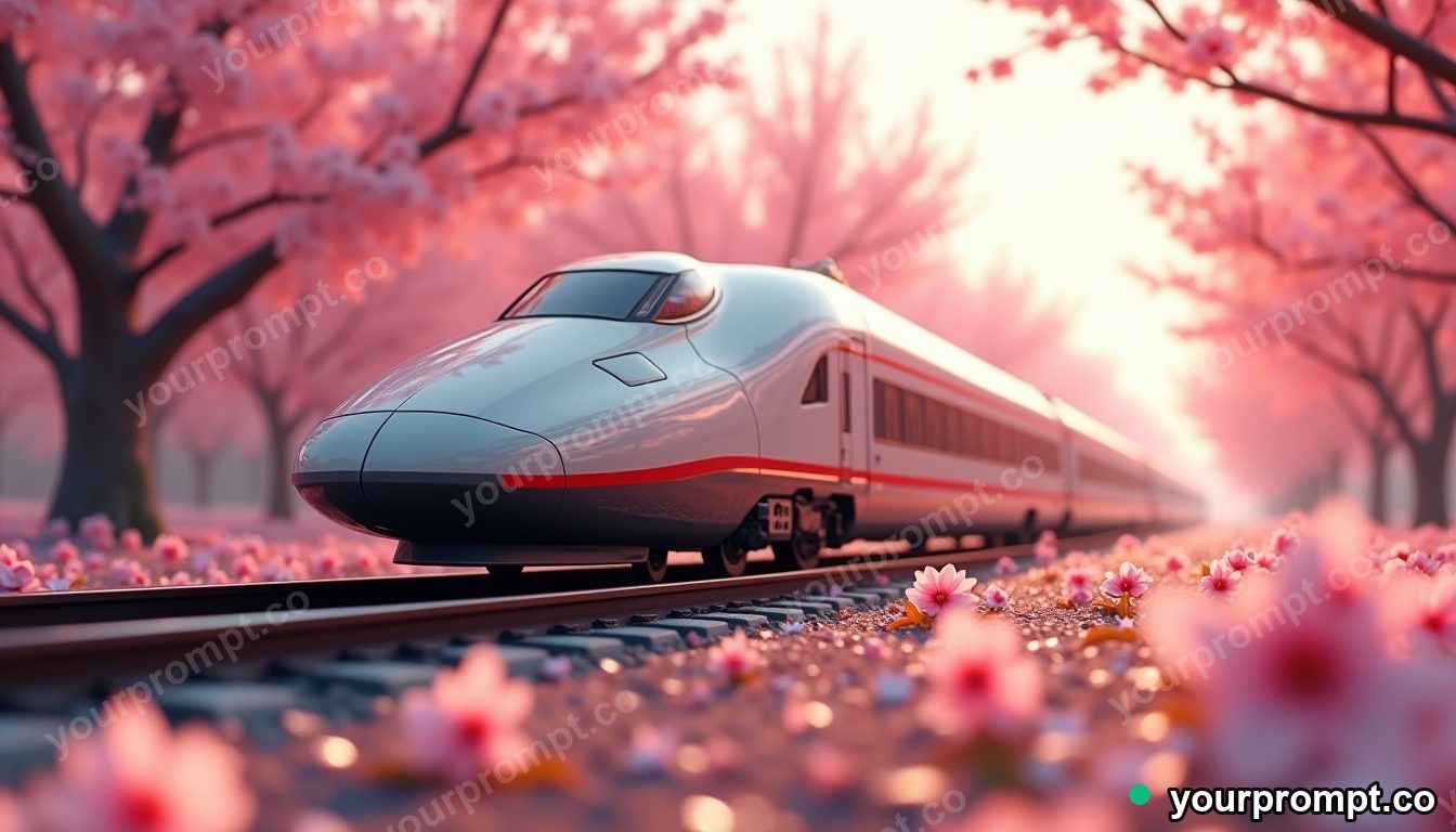 A sleek bullet train speeding past cherry blossoms in claymation stop-motion style — AI-generated image from a text prompt