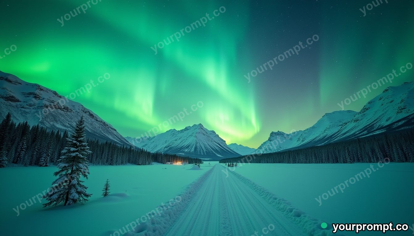 The northern lights rippling green over a snowy valley in double-exposure style — AI-generated image from a text prompt