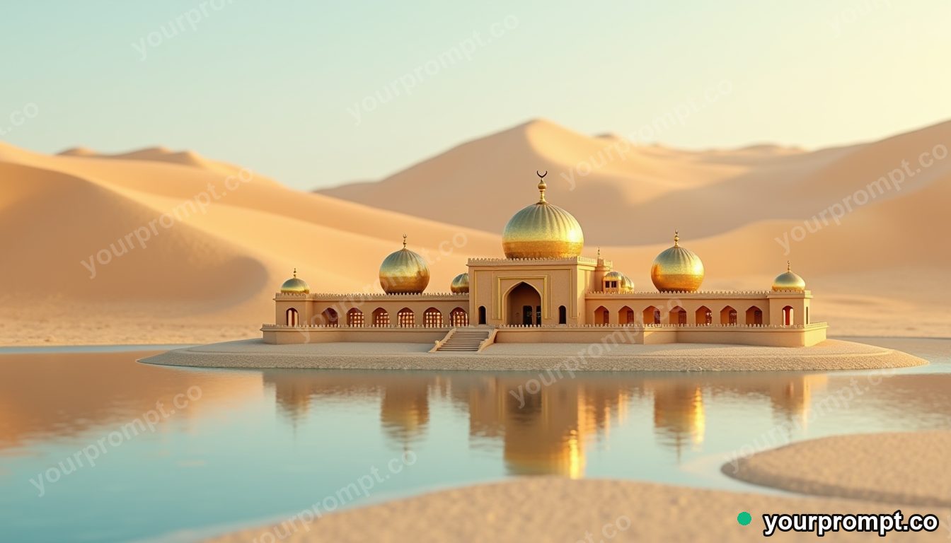 A desert palace with golden domes in tilt-shift miniature style — AI-generated image from a text prompt