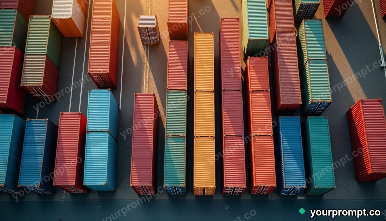 A top-down view of colorful shipping containers at a port in vintage film photograph style — AI-generated image from a text prompt