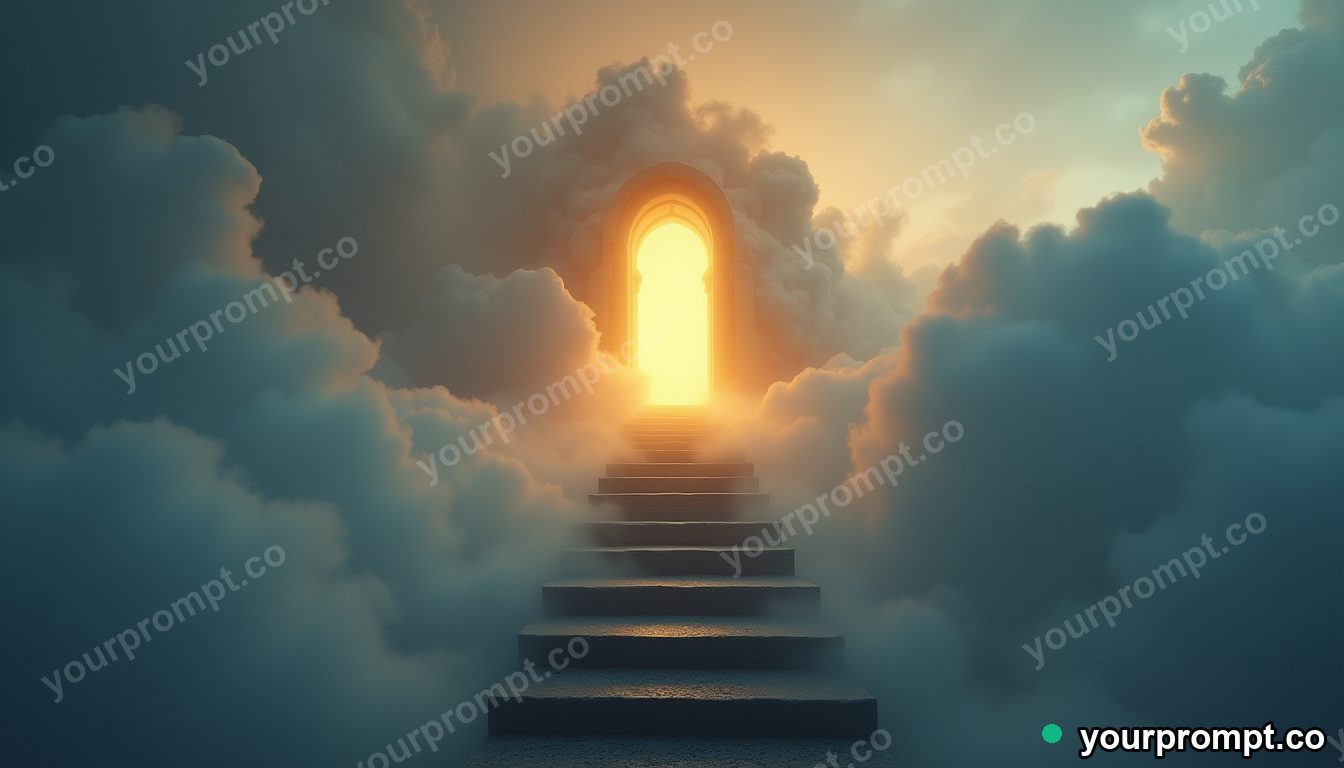 A staircase of clouds leading to a golden doorway in ethereal long-exposure style — AI-generated image from a text prompt