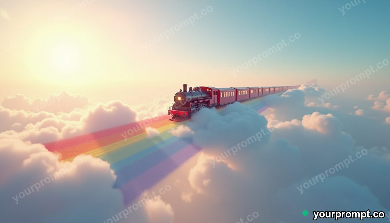 A train made of clouds riding on rainbow tracks in matte concept painting style — AI-generated image from a text prompt