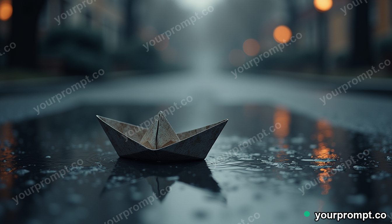 A paper boat sailing a rain puddle, macro and whimsical in charcoal sketch style — AI-generated image from a text prompt