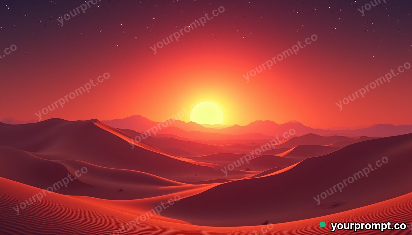 A desert of towering sand dunes at sunset in airbrushed retro sci-fi style — AI-generated image from a text prompt