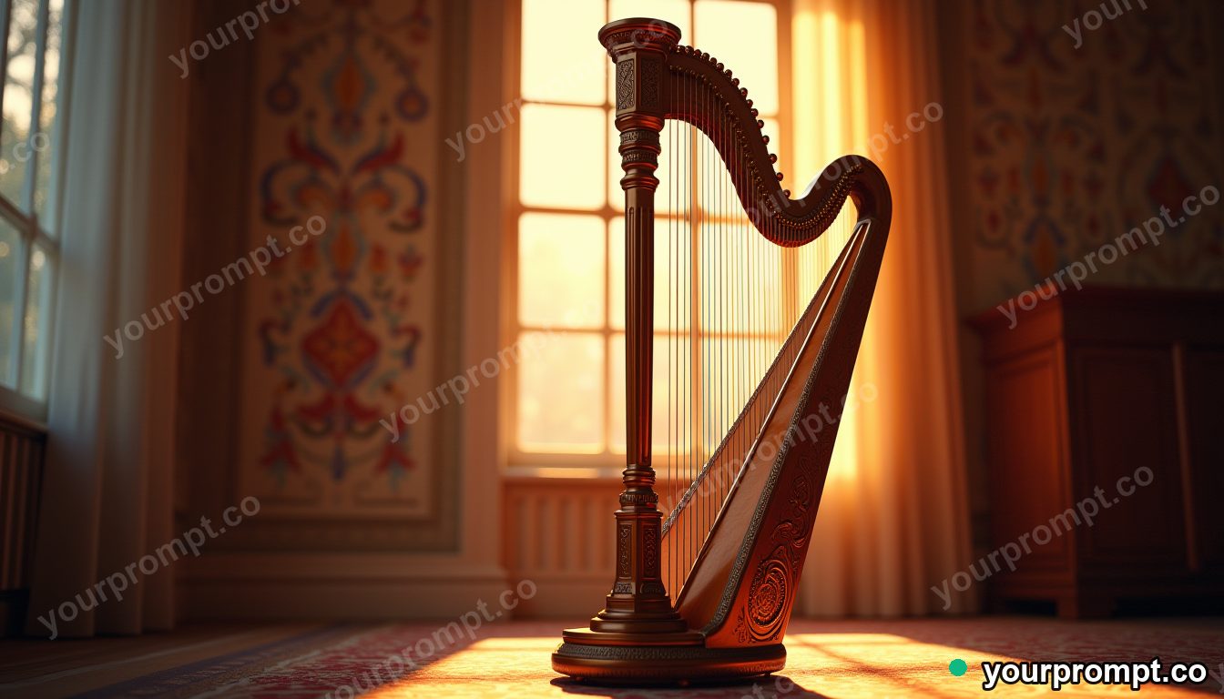 An ornate harp beside a sunlit window in photorealistic style — AI-generated image from a text prompt