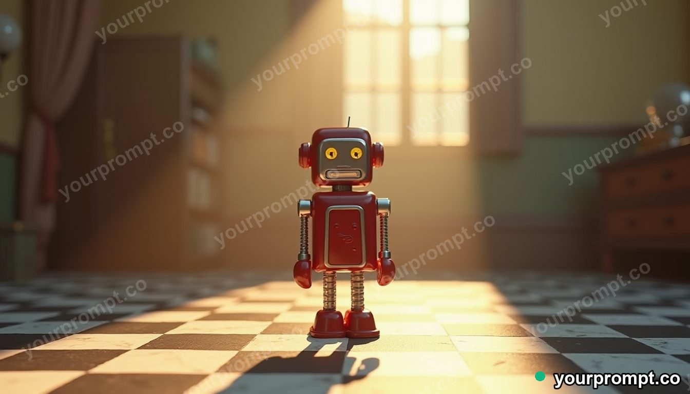 A retro 1950s tin robot on a checkered floor in 3D octane render style — AI-generated image from a text prompt