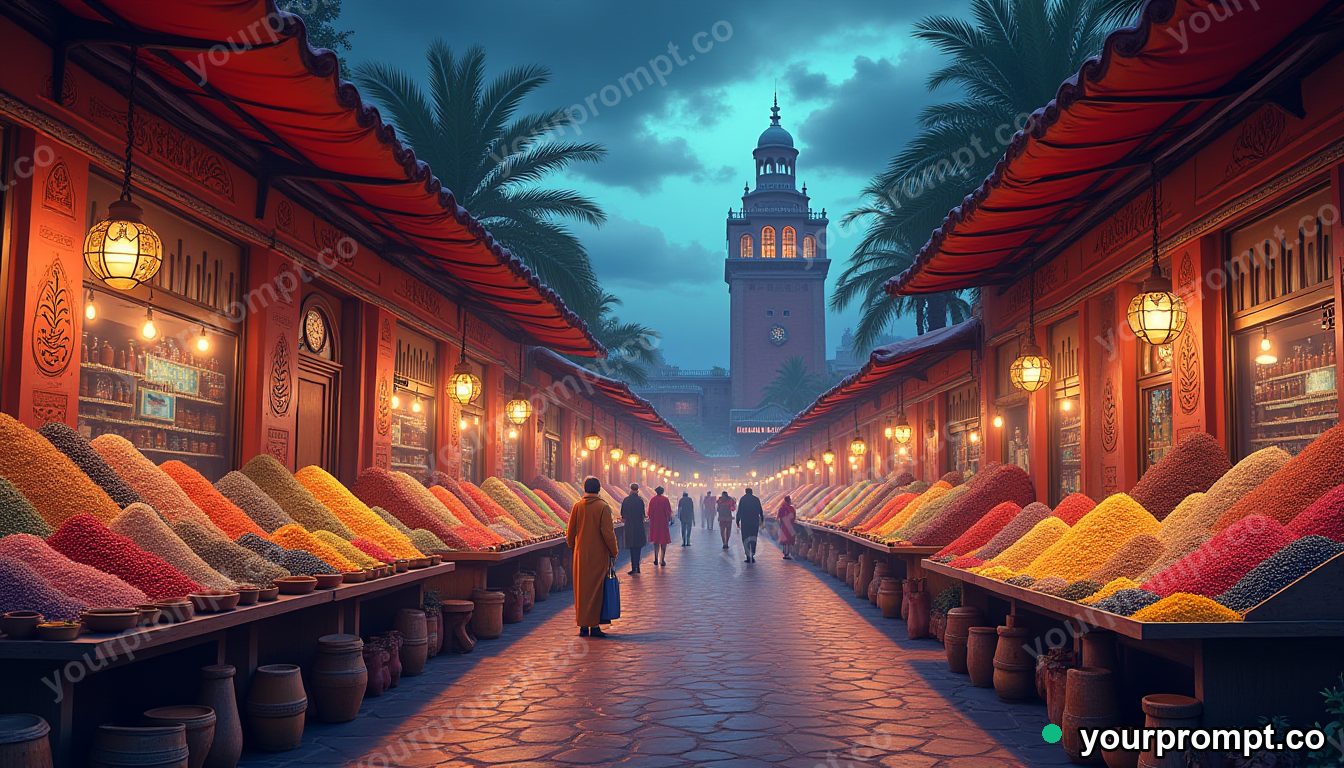 A vibrant Moroccan spice market with colorful stalls in anime illustration style — AI-generated image from a text prompt