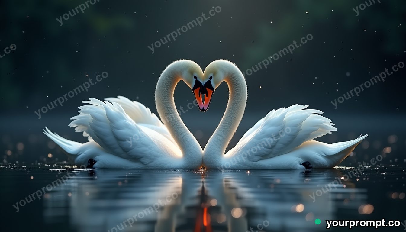 A pair of swans forming a heart on still water in studio product photography style — AI-generated image from a text prompt
