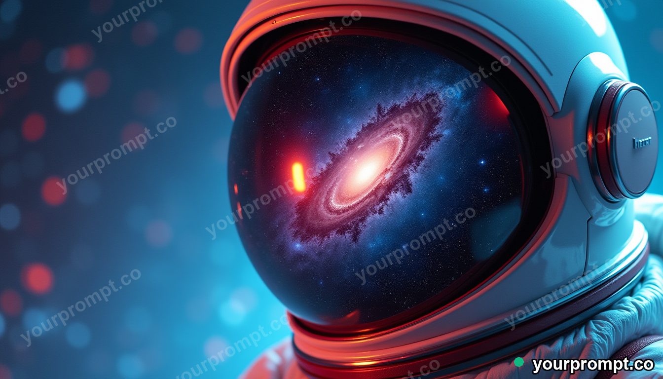 A galaxy reflected in an astronaut's helmet visor in extreme macro photography style — AI-generated image from a text prompt