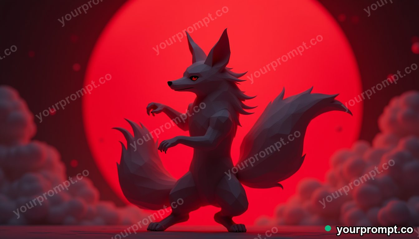A kitsune dancing under a blood-red moon in low-poly 3D style — AI-generated image from a text prompt