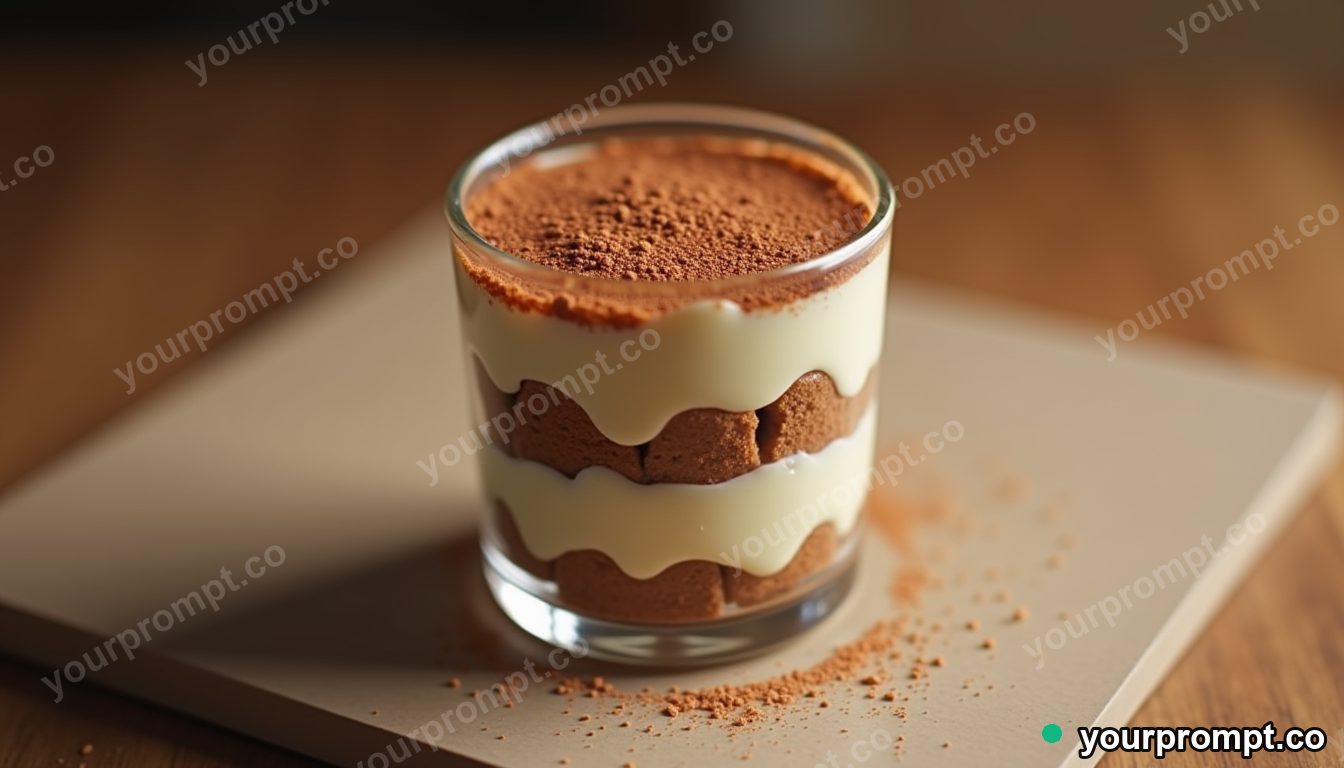 A tiramisu dusted with cocoa in a glass