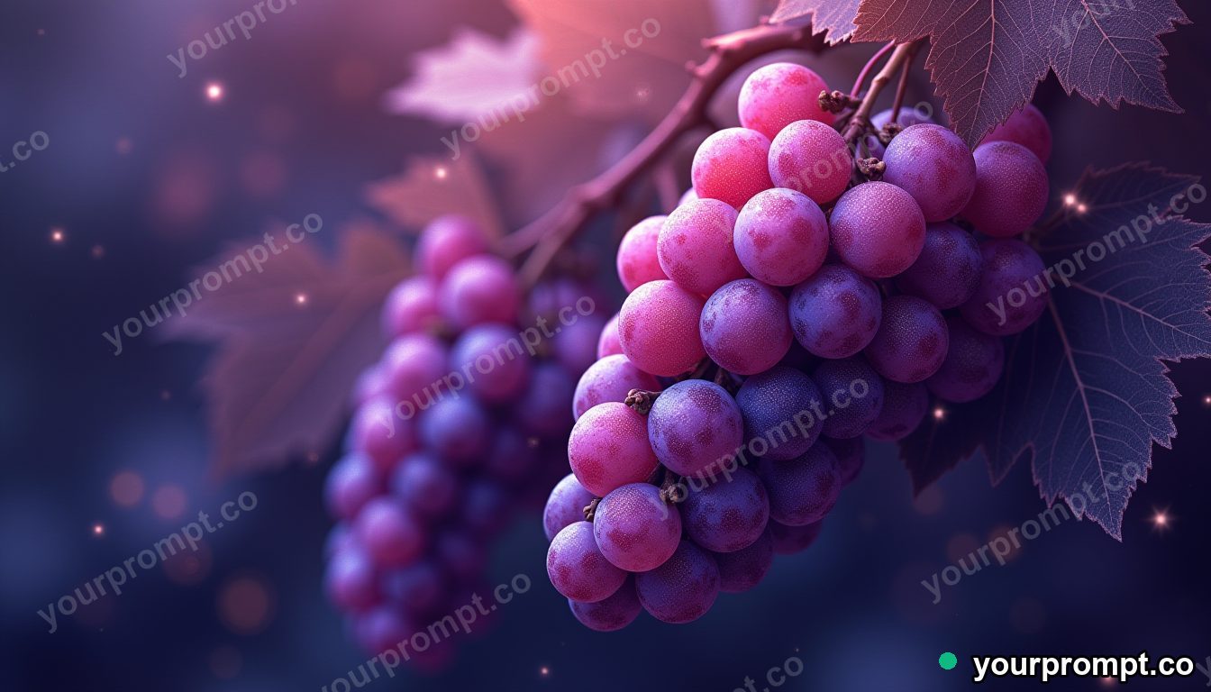 A bunch of purple grapes glistening on the vine