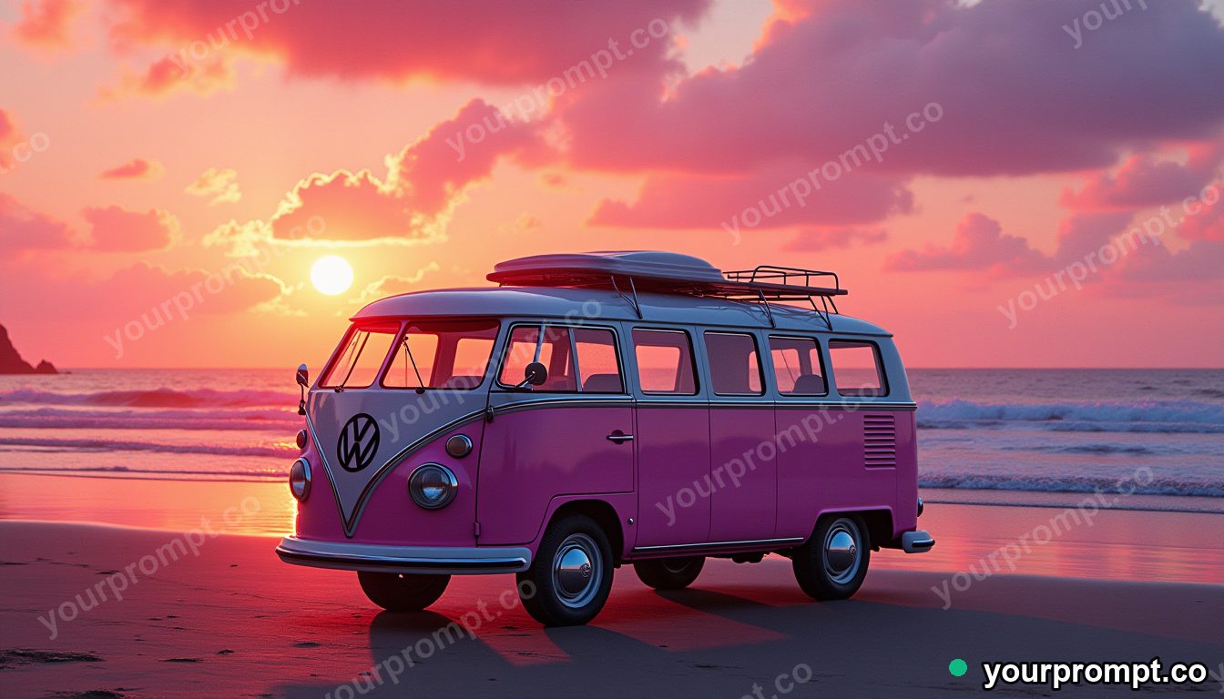 A vintage VW camper van parked at a beach sunset