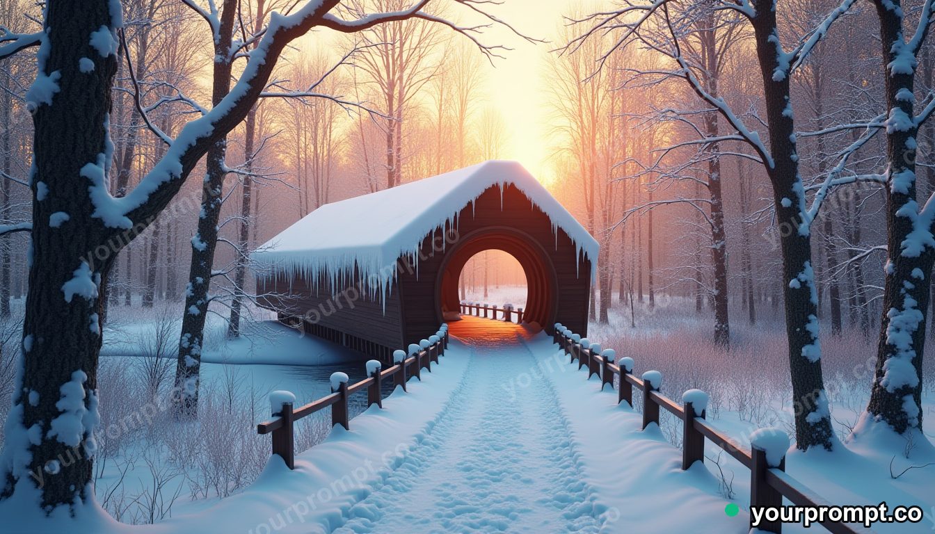 A snow-covered covered bridge in a quiet wood