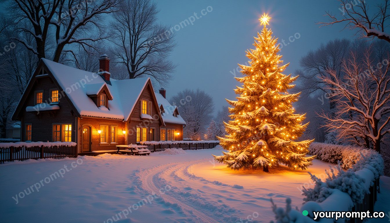 A snowy village square with a glowing Christmas tree