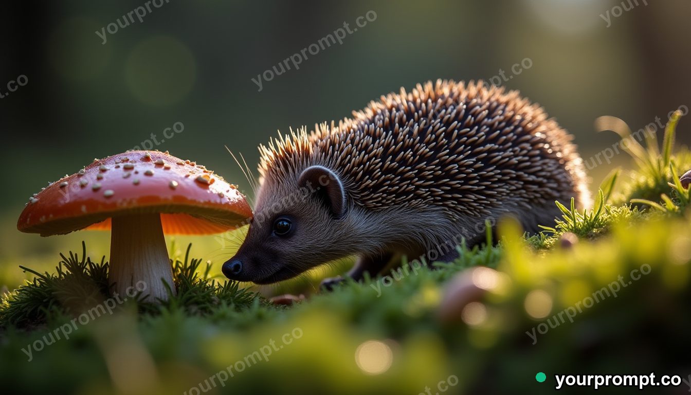 A hedgehog sniffing a mushroom in mossy grass