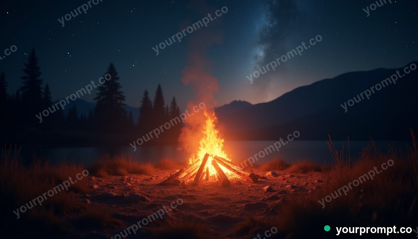 A glowing campfire under a sky full of stars