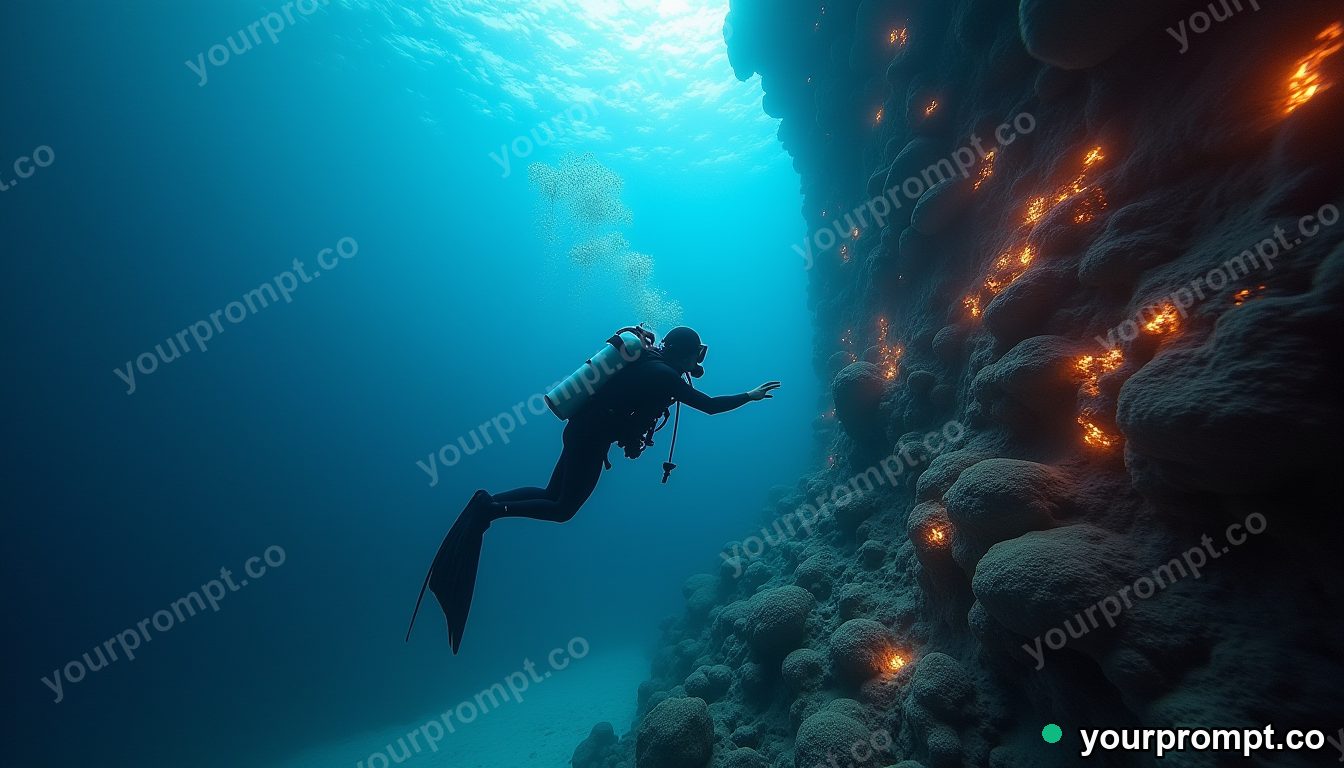 A deep-sea diver inspecting a glowing coral wall