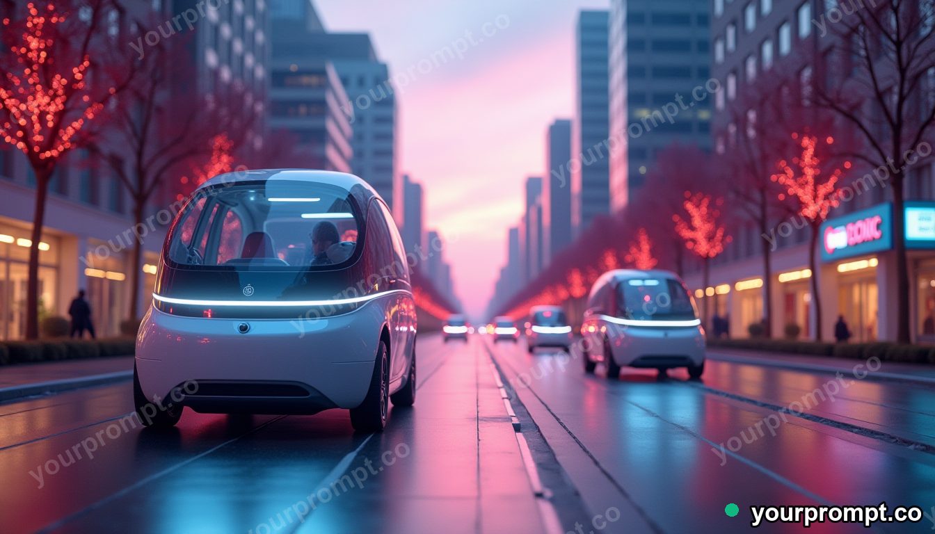 A smart city street with self-driving pods at dusk