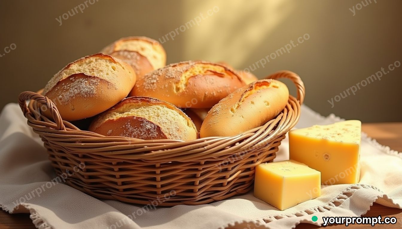 A basket of fresh bread and cheese on linen