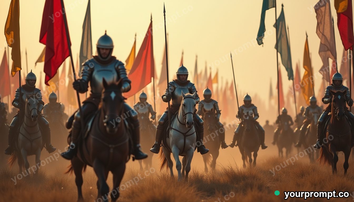 A medieval knight's tournament with colorful banners in vintage film photograph style — AI-generated image from a text prompt