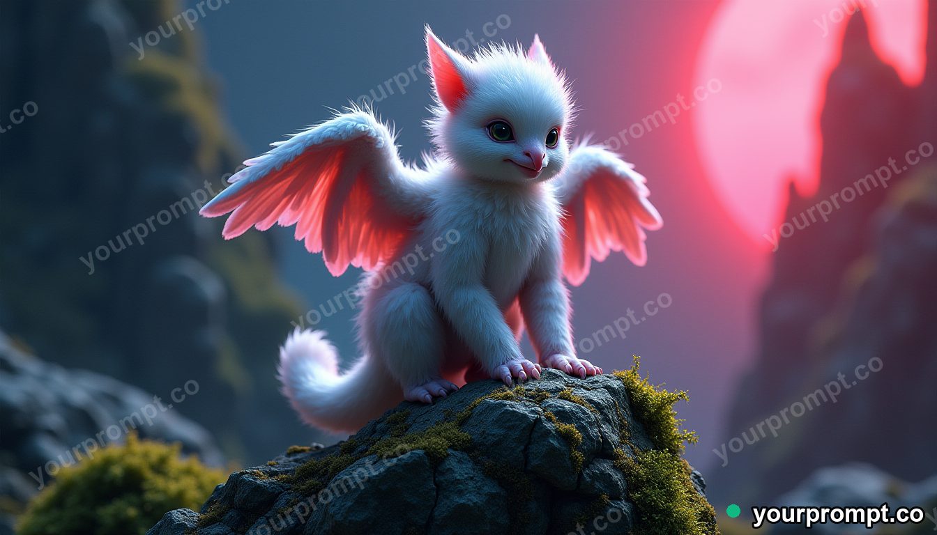 A baby griffin perched on a mossy boulder