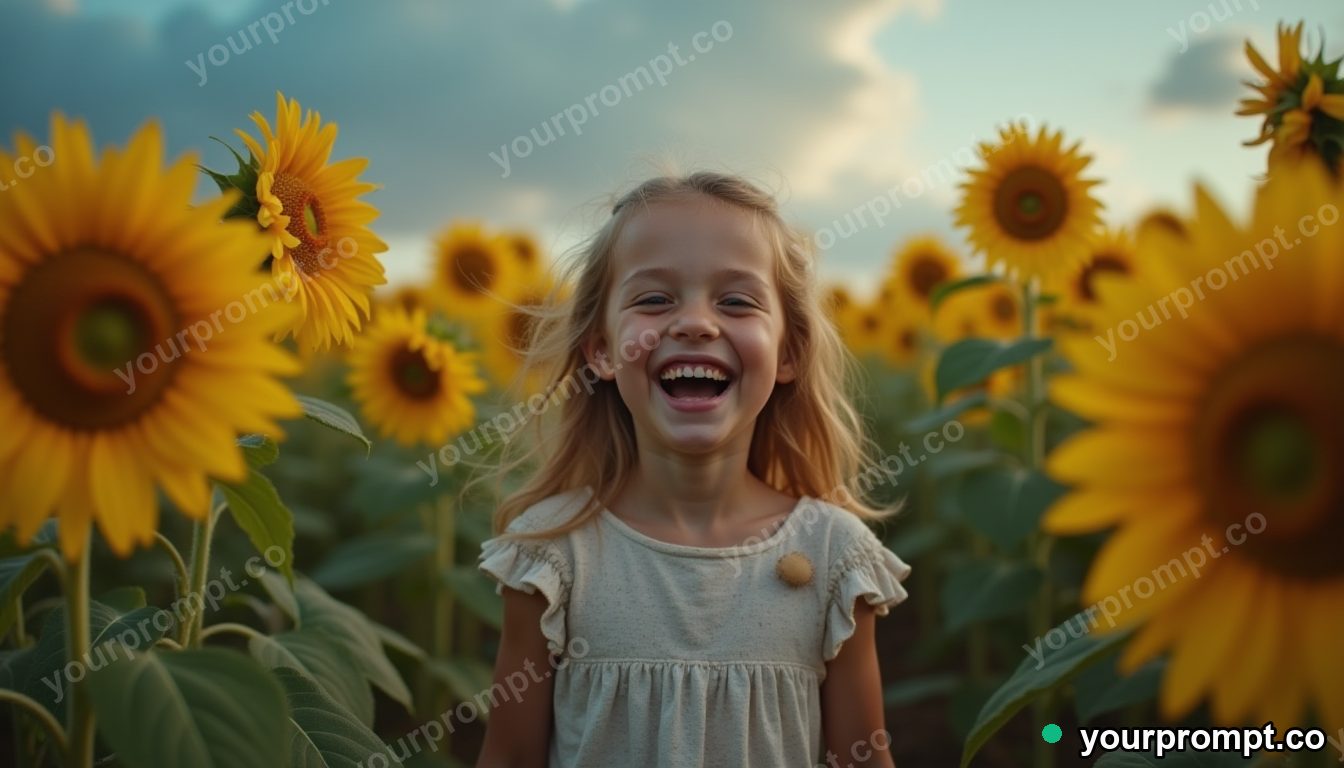 A freckled child laughing in a sunflower field, fictional