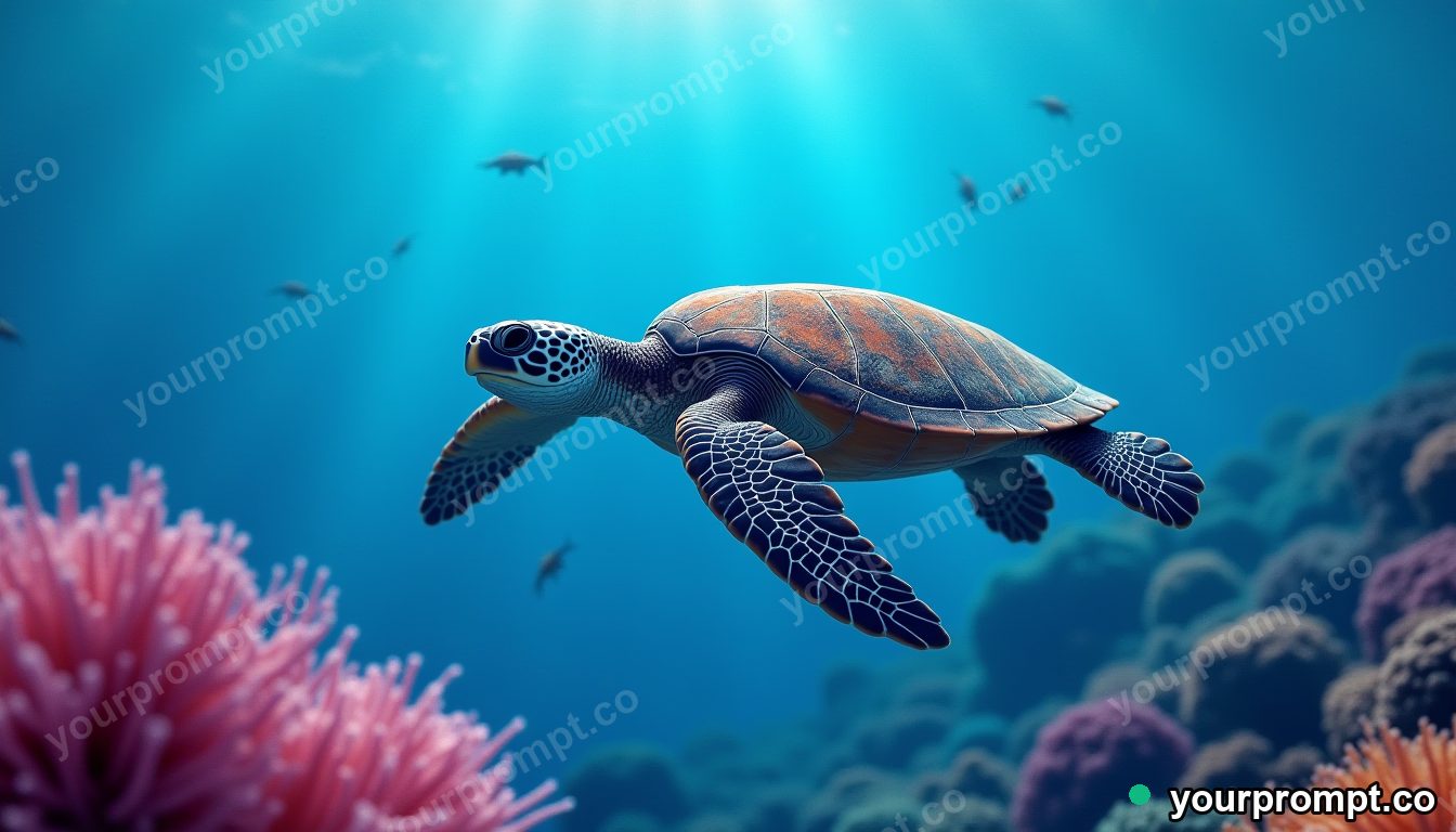 A sea turtle drifting over a colorful reef