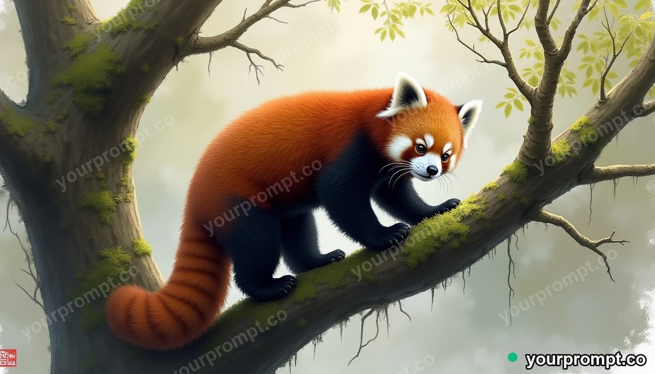 A red panda climbing a mossy branch