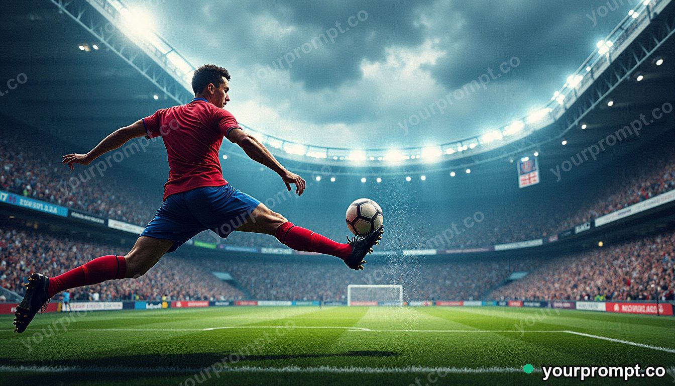 A soccer player striking the ball in a packed stadium